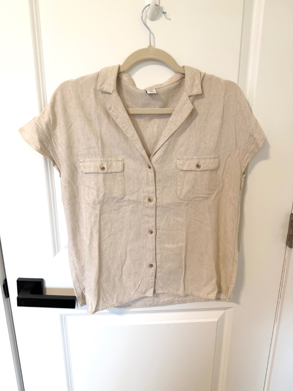 Linen-Blend Cropped Popover Shirt, Size XS